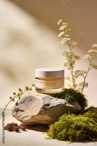 Natural Skincare Cream Jar On Stone With Moss