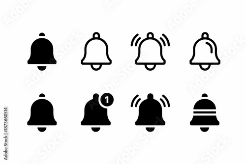 Set of notification bell icons in various styles. Minimalist black vector symbols including ringing, silent, and new message notification for app and web interface design isolated on white background