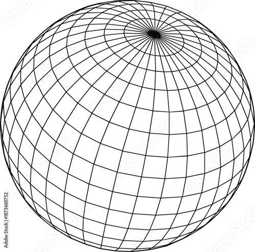 Abstract black and white 3D wireframe sphere globe with longitude and latitude lines isolated on white background for global network concept