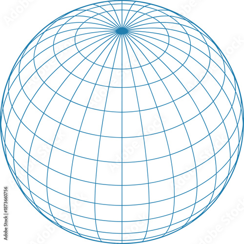 Abstract blue wireframe globe sphere illustration, global grid network, digital earth geometry, futuristic technology background, science data visualization concept