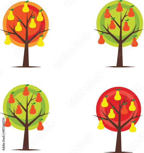 Colorful pear tree illustration set with fruit, vibrant seasonal orchard artwork, flat design trees for agriculture themes, natural garden graphics