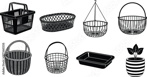 Collection of various basket and container illustrations including woven, wire, plastic, and plant pot designs perfect for storage, home decor, and market themes