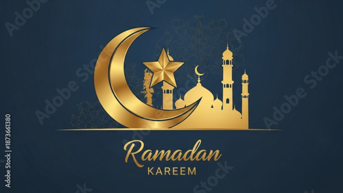 A gold Ramadan Kareem vector graphic with mosque, crescent moon, and star on dark blue background