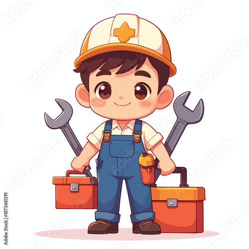 Charming cartoon boy builder or mechanic character with tools and hard hat, ready to learn and work