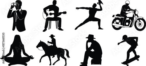 Collection of male and female silhouette icons showing hobbies like yoga, skateboarding, guitar playing, horseback riding, perfect for lifestyle and activity design.