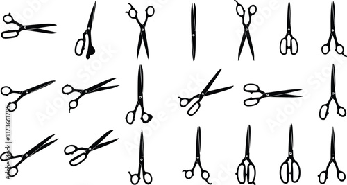 Collection of scissors silhouettes in various shapes and styles for barbers, sewing, crafting, cutting tools, salon equipment, and design projects