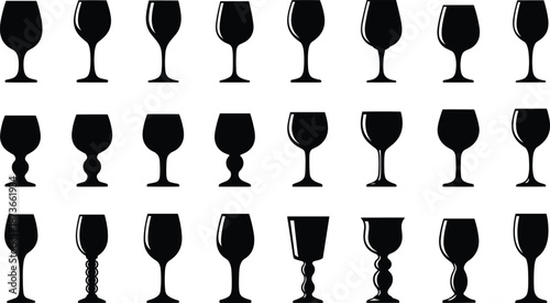 Collection of wine glass silhouettes featuring various stem shapes, elegant goblet designs, cocktail glasses, barware icons, and drinkware illustration elements