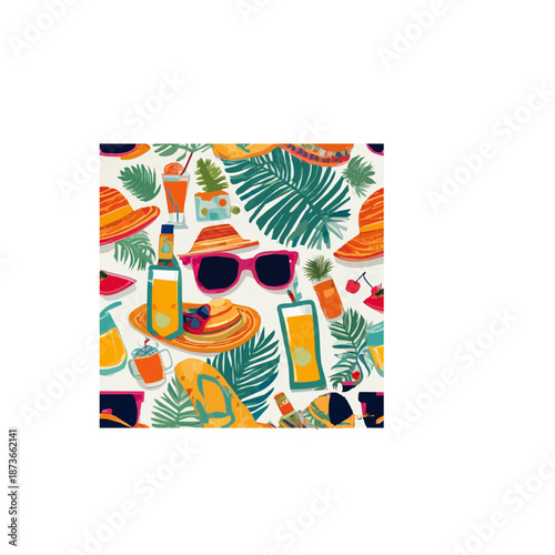 Summer vacation beach accessories set with sunglasses and flip flops.ai