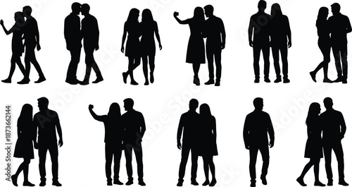 Collection of romantic couple silhouettes in various poses, walking, standing and taking selfies, perfect for love, relationship, people and lifestyle designs