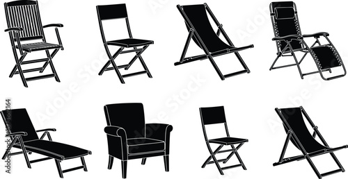 Collection of various chair and seating silhouettes including folding chairs, lounge chairs, armchairs, and deck chairs for furniture design and interior illustrations