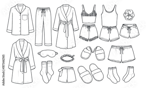 Hand drawn line art sleepwear set featuring pajamas, robes, lingerie, and accessories for comfort