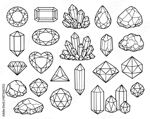 Line art gemstones and crystals set featuring a collection of faceted jewels and natural stones for decoration