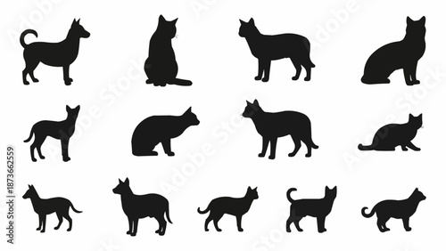 Collection of Cat and Dog Silhouettes in Various Poses.