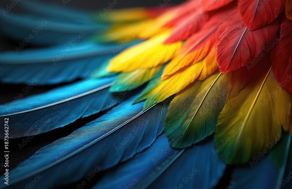 Obraz premium Close up vibrant feathers. Macaw plumage displays vivid colors blue red yellow and green. Exotic bird wing texture art illustration. Nature pattern concept. Feathers background. Parrot close up.