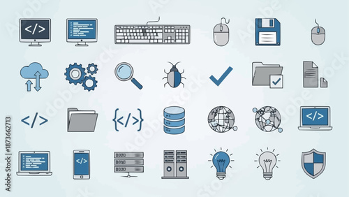 Collection of computer and technology icons for digital design.