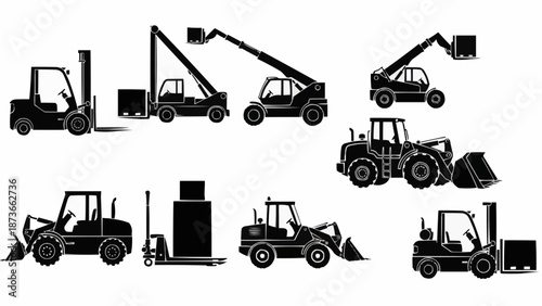 Collection of construction and industrial vehicle silhouettes.