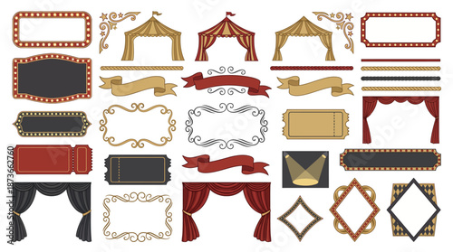 Vintage Circus Show Illustrations with Colorful Frames and Banners for Creative Design Projects