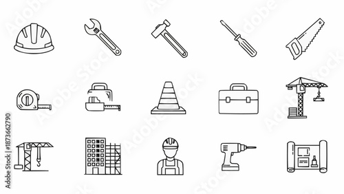 Collection of construction tools and equipment icons.