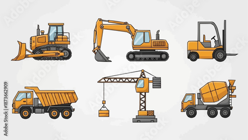 Collection of construction vehicles and heavy machinery illustrations.