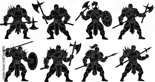 Collection of fantasy warrior silhouettes featuring armored fighters with axes, spears, shields and battle gear for gaming, combat illustration and design projects