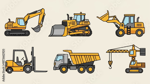 Collection of construction vehicles and heavy machinery illustrations.