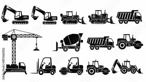 Collection of construction vehicles and heavy machinery silhouettes.