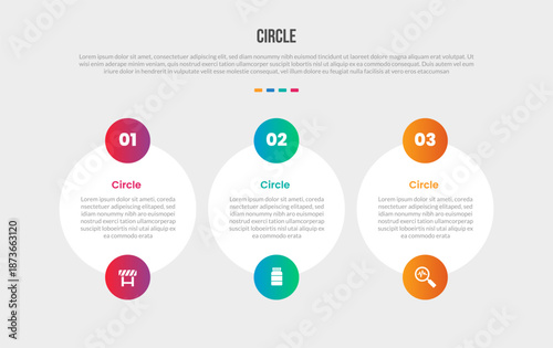Circle base shape infographics gradient template diagram with big circle with small circle top and bottom combination with 3 point step creative