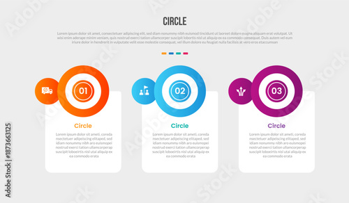 Circle base shape infographics gradient template diagram with vertical rectangle box with circle badge on top with 3 point step creative