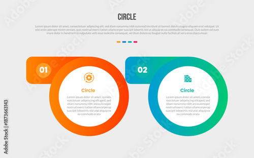 Circle base shape infographics gradient template diagram with big circle and round rectangle badge on top header with 2 point step creative