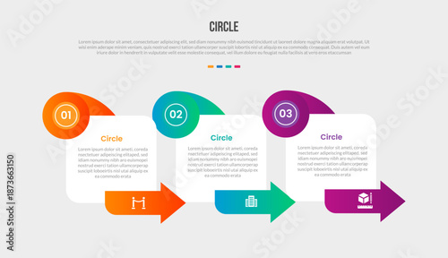 Circle base shape infographics gradient template diagram with square box with arrow and circle badge right direction with 3 point step creative