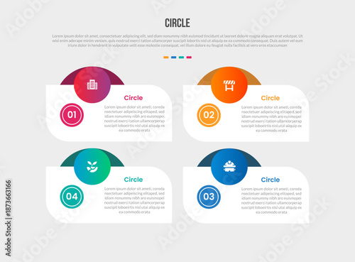 Circle base shape infographics gradient template diagram with rectangle box with circle badge and ribbon shadow layer behind with 4 point step creative