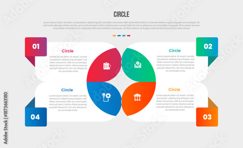 Circle base shape infographics gradient template diagram with quadrant matrix structure with round square badge on each side with 4 point step creative