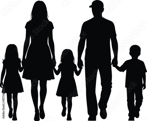 Family silhouettes of mother father and three children walking together, holding hands, happy parenthood, childhood, unity, love, and togetherness, vector illustration,