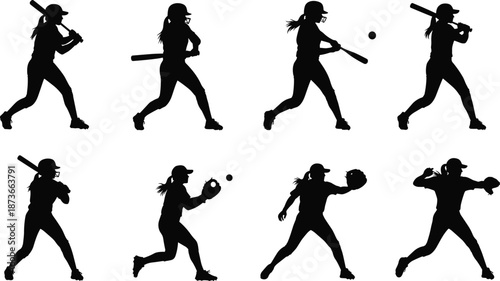 Female baseball player silhouettes, girl softball athlete hitting bat and catching ball, sports action poses set, isolated black vector illustration on white background