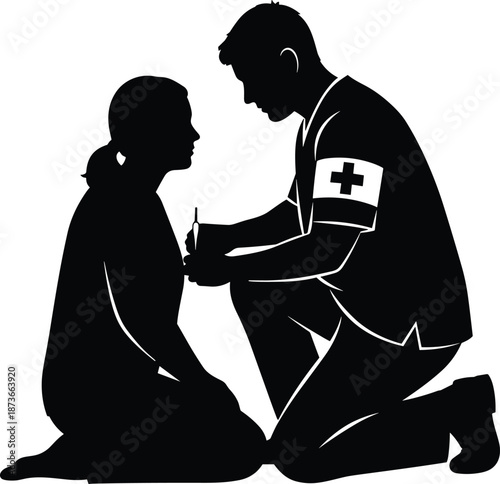 First aid assistance silhouette vector illustration, emergency responder treating injured woman, medical rescue care concept, black isolated human figures on white background
