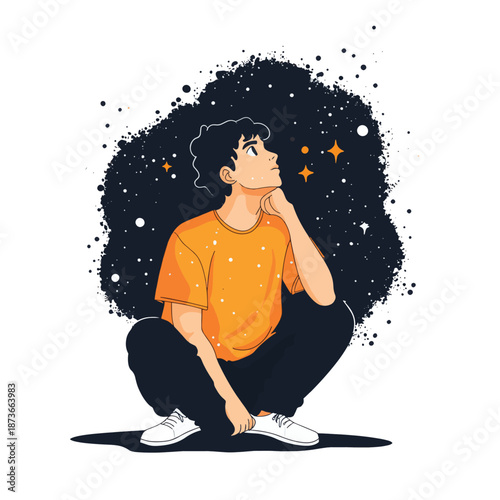 Young man thinking and solving some problem, vector illustration of a guy having doubts and ideas, analyzing or dreaming. , vector style simple color