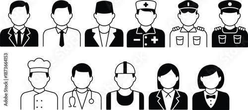 Collection of black and white vector icons representing diverse professions like doctor, police, chef, and business people for modern interface