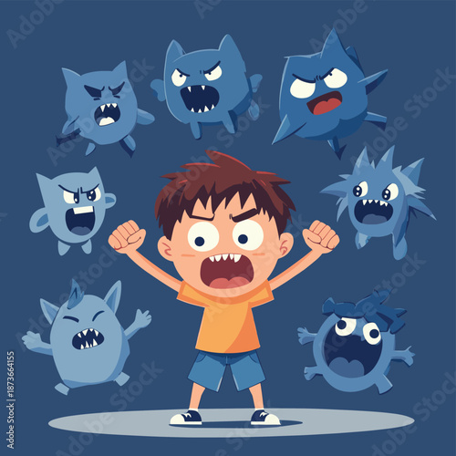 Bullying vector concept, clenched fists threats little scared boy kid victim, psychological abuse, violence against children, problem of cruel behavior in social groups, bad school