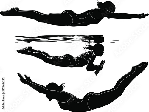 Freediving woman silhouette vector illustration set, underwater swimming female diver poses, black isolated figures for water sport, ocean activity concept