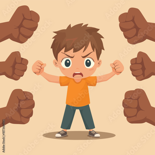 Bullying vector concept, clenched fists threats little scared boy kid victim, psychological abuse, violence against children, problem of cruel behavior in social groups, bad school