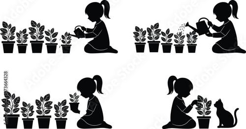 Girl gardening silhouette vector illustration set, child watering and caring plants, indoor gardening activity, black isolated figures,