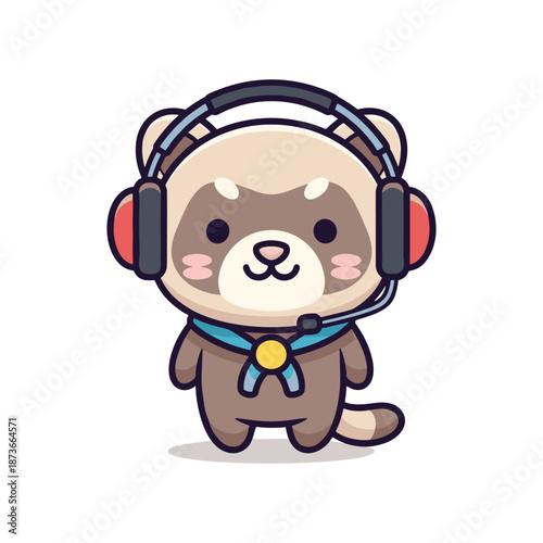Cute Ferret Wearing Headphones Vector Illustration