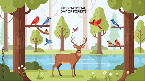 A majestic deer stands in a serene forest landscape surrounded by trees and birds on International Day of Forests