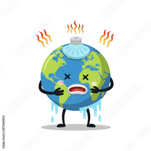 Sick Earth Globe Character Feeling Heat and Melting, Global Warming Concept
