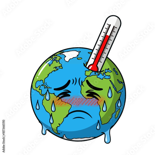 Sad Earth Character With Thermometer Showing High Temperature, Global Warming Concept