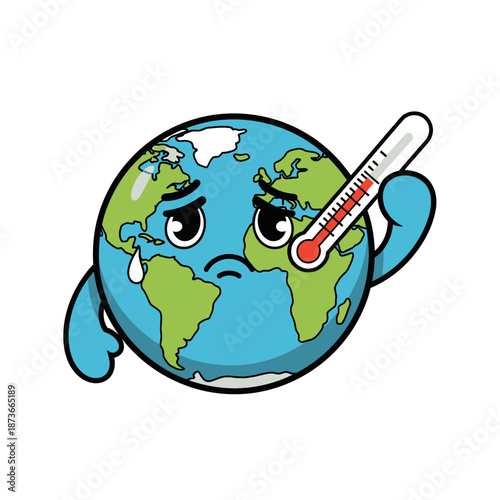 Sad Earth Character with Thermometer, Global Warming Concept