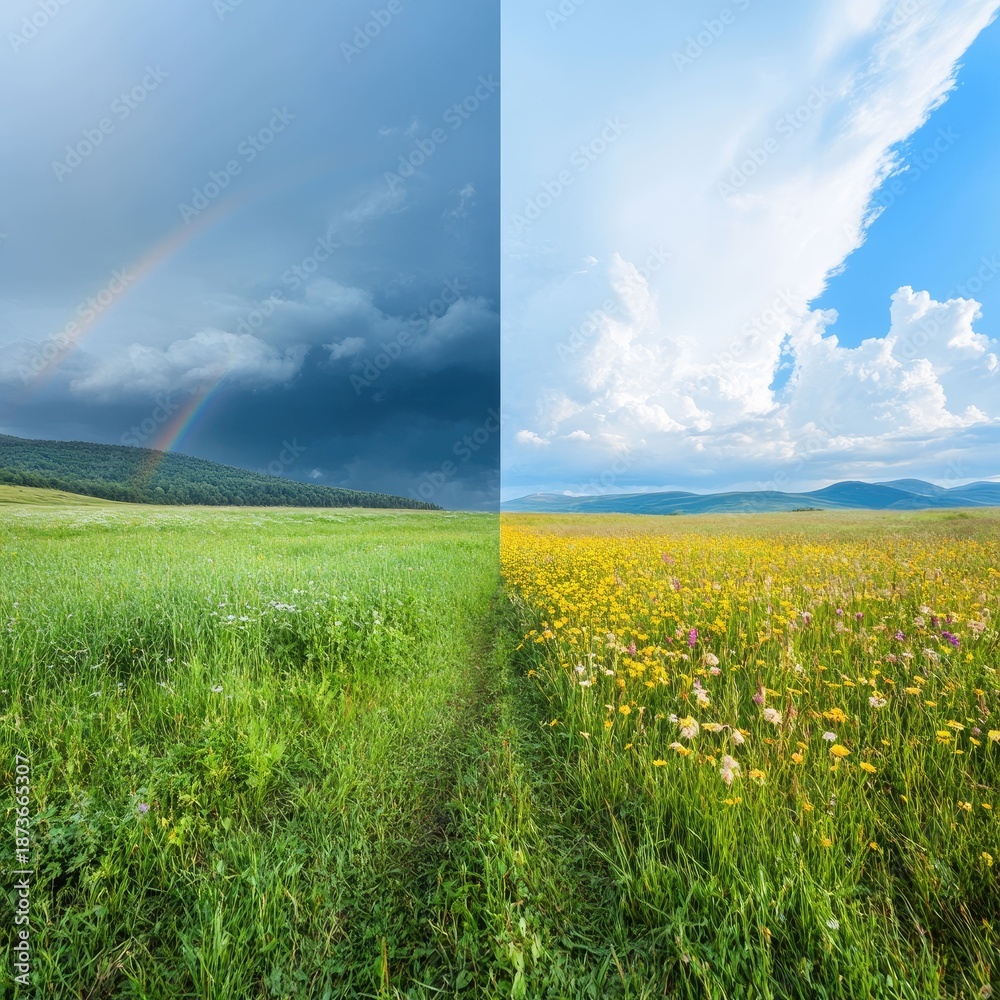 Obraz premium Storm vs Sunshine A Landscape Contrast of Nature's Beauty Rural Setting Gigapixel Photography Tranquil Atmosphere Panoramic View