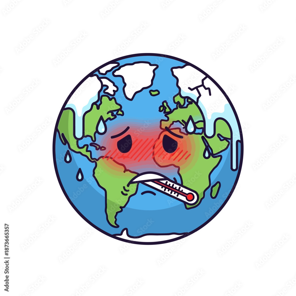 Obraz premium Sick Earth Character with Thermometer, Fever, Global Health Crisis Concept