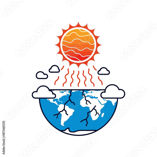 Global Warming - Sun Heating Cracked Earth Globe with Clouds, Climate Change Concept