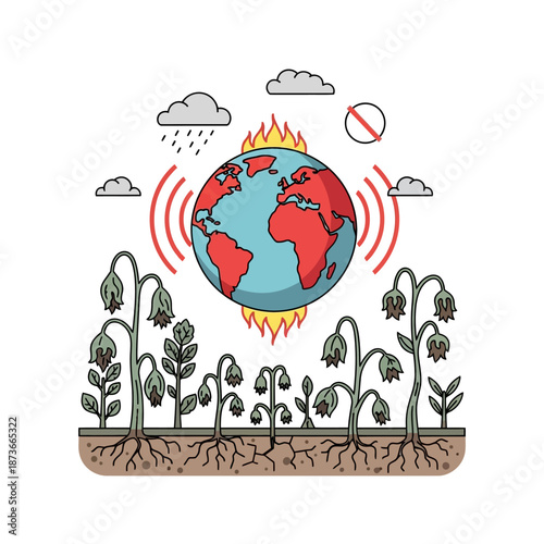 Earth overheating, plants dying, climate change concept illustration